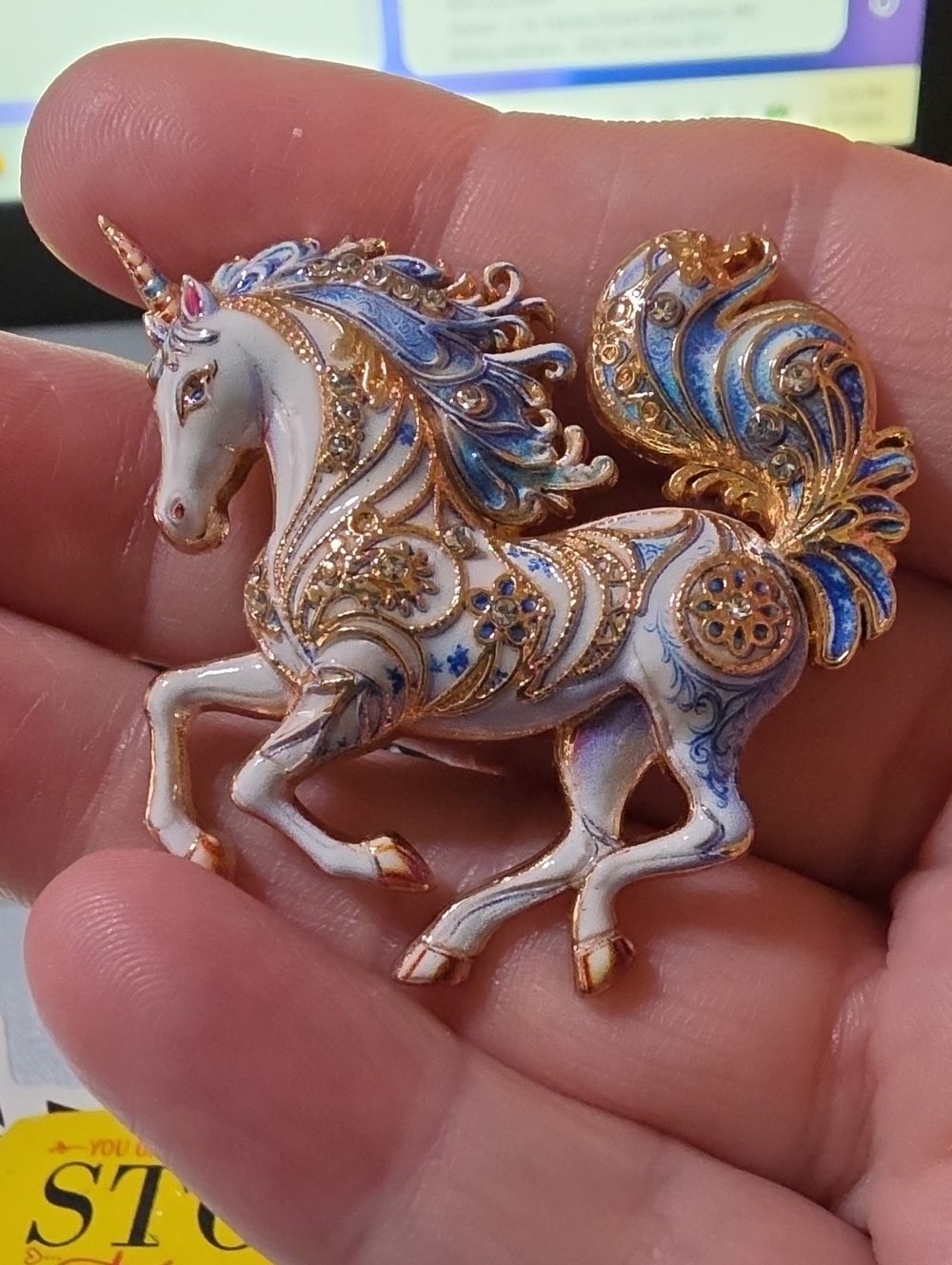 A171- Ornate White & Blue Unicorn Brooch